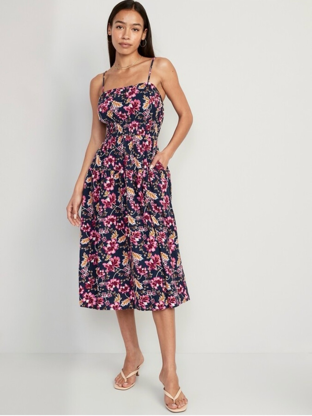 Old Navy Blue Pink Floral Linen Blend Elastic Waist Midi Dress Pockets Women’s L